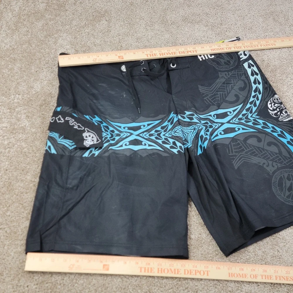 HIC Hawaiian Island Creations Mens 40 Black Blue Tribal Print Board Shorts Surf